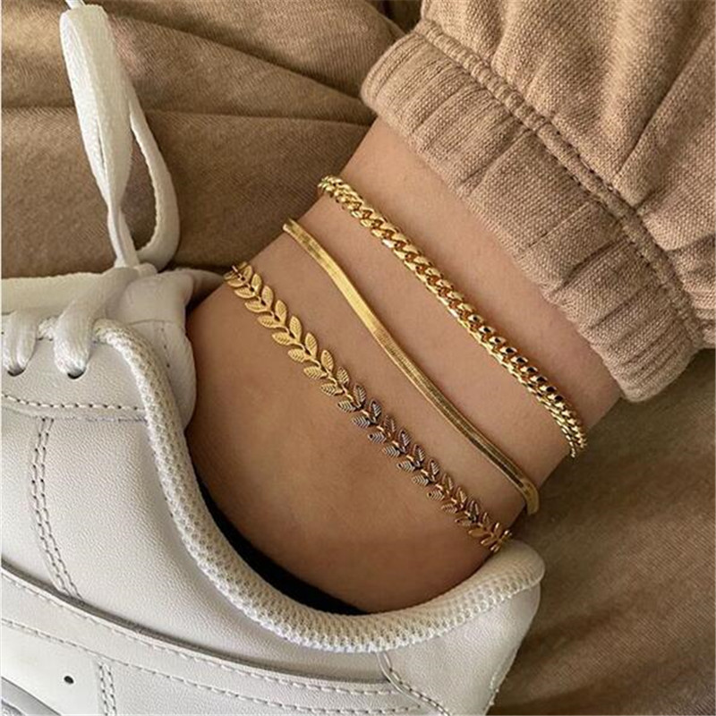 Picture of Rongshang Jewelry Cross-Border Hot-Selling Anklet Set Women's Fashionable Anklet Three-Piece Set Flat Snake Wheat Ear Chain Foot Accessories