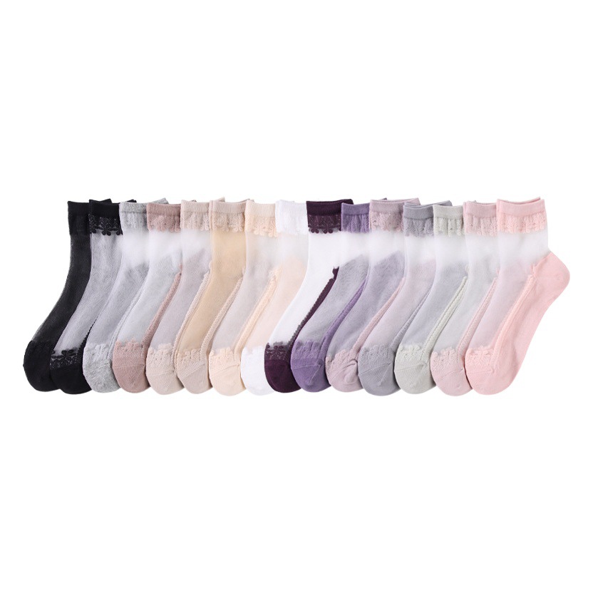 Socks for Women Spring and Summer New Fashion Crystal Silk Women's Japanese Cotton-Soled Stockings Mid-Calf Jacquard Glass Silk Women's Socks Wholesale