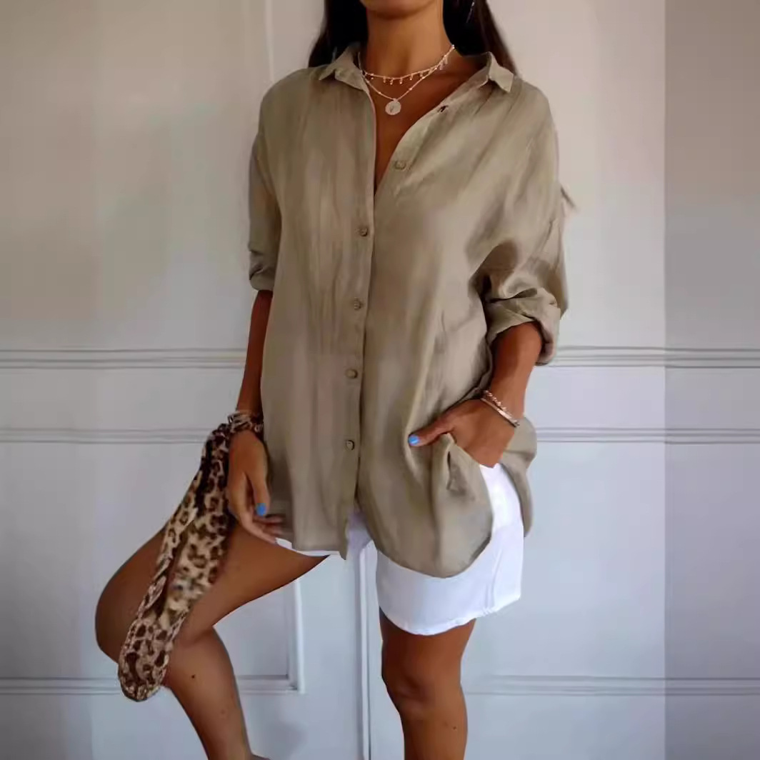 Picture of 2024 New Single-breasted Pleated Lapel Shirt Independent Station Explosions Women's Solid Color European and American Sleeve Top