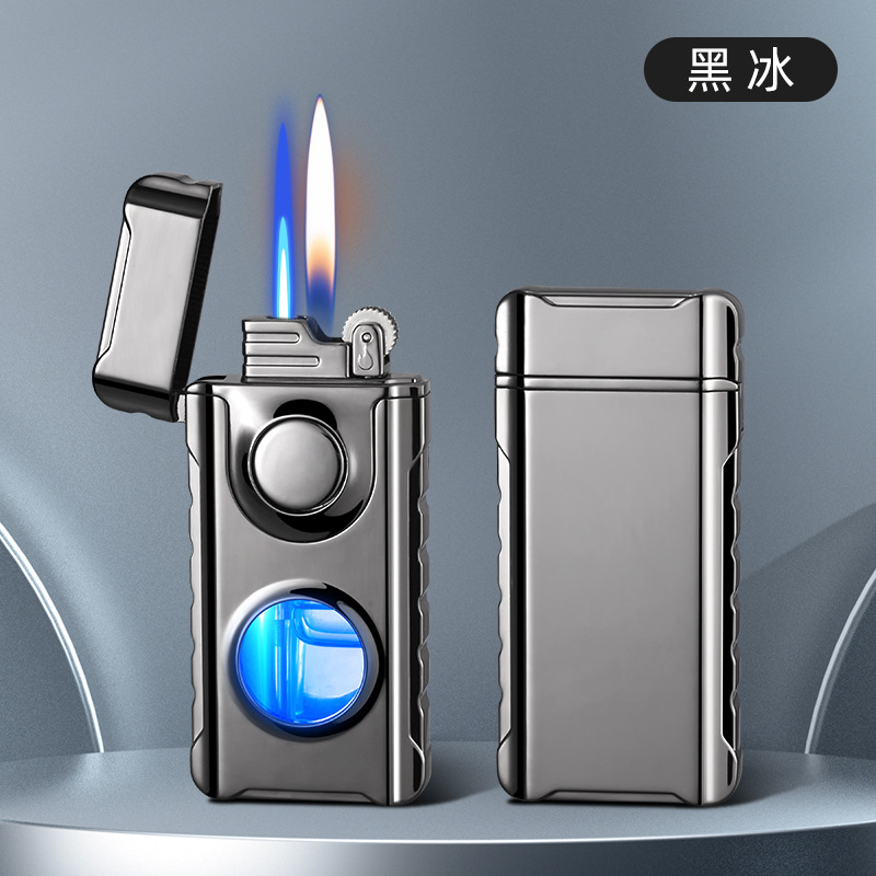 Picture of New double-Fire direct charge and open fire random switch lighter creative perspective air window with blue light inflatable lighter