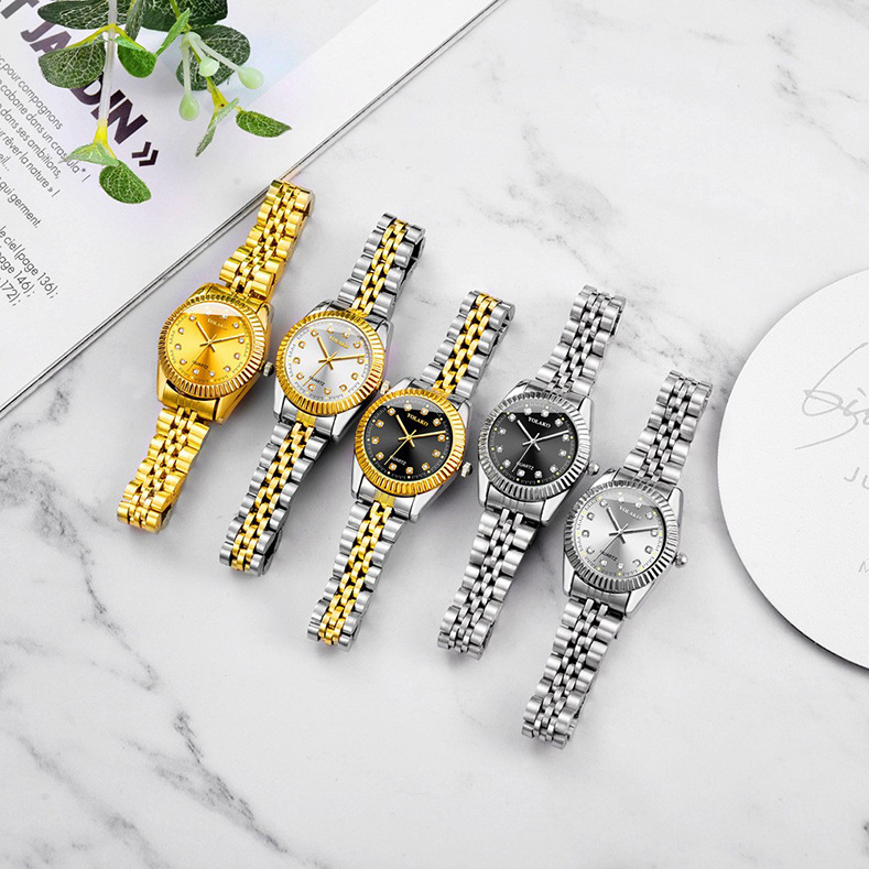 Picture of Diamond Face Steel Band Calendar Watch Women's Simple Casual Student Fashion Quartz Gold suit Men's Watch Couple