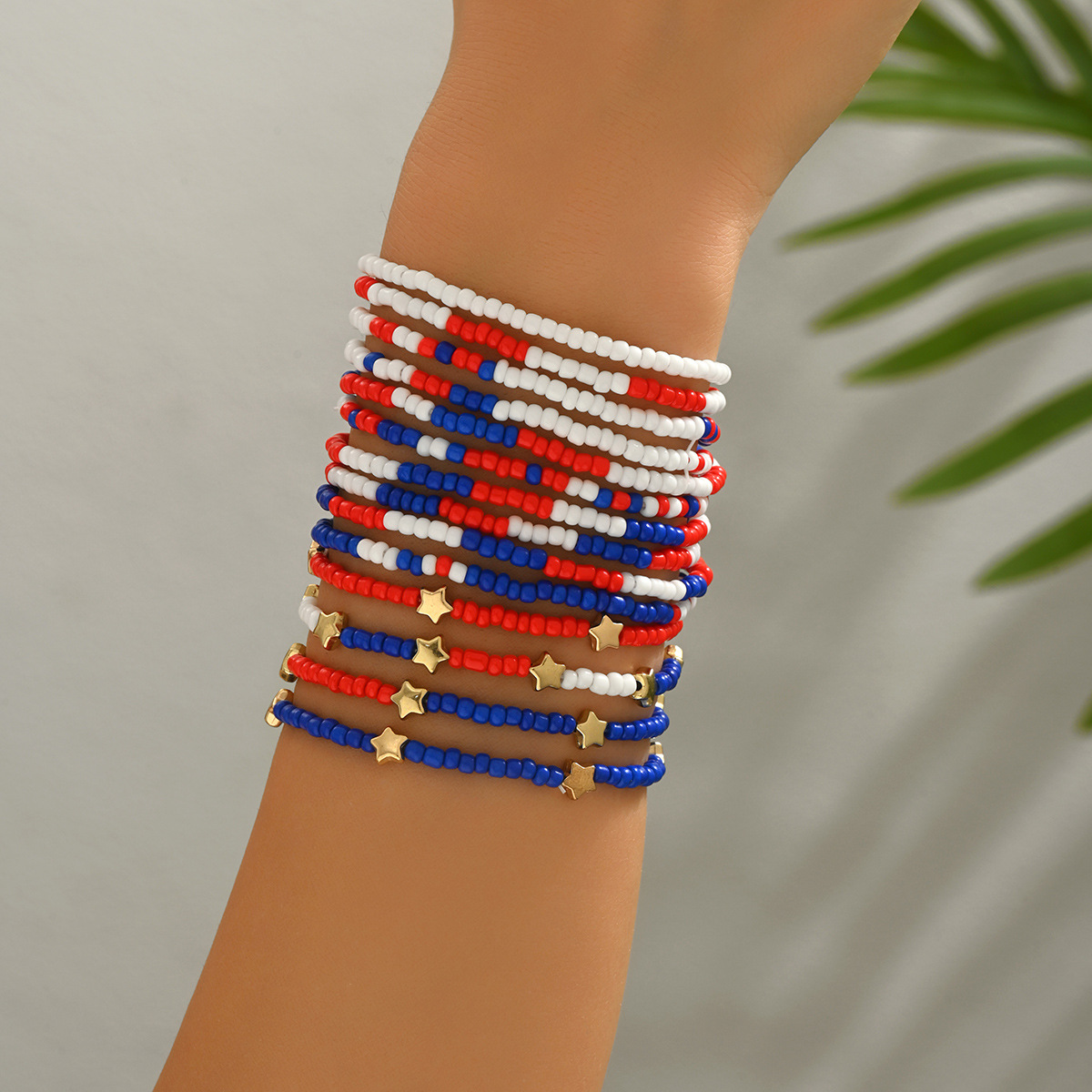 European and American Cross-Border Independence Day Stacked Red, Blue and White Rice Beads Braided Bracelets Multi-Piece Set Ccb Star Beaded Bracelets