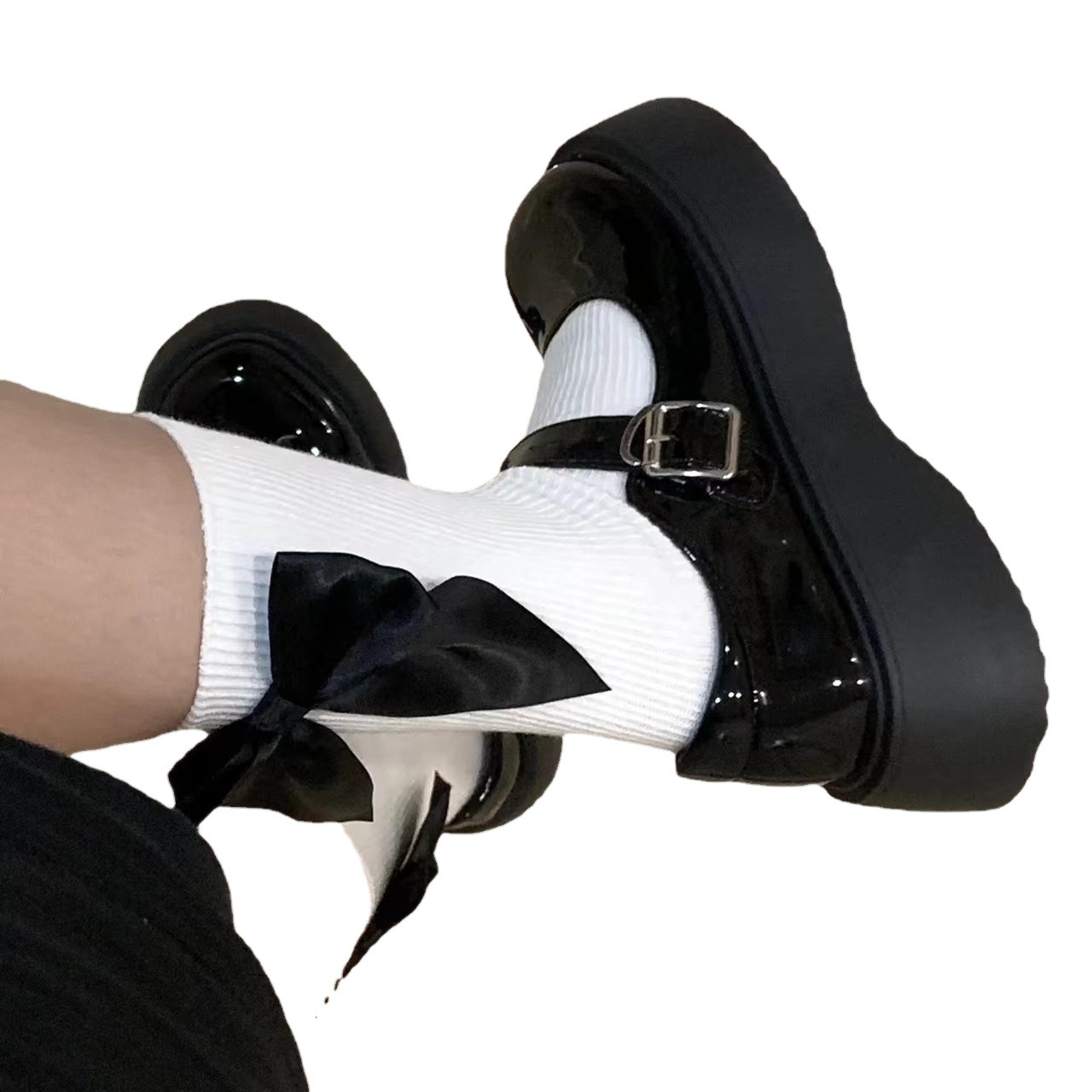 Lolita Black Bow Socks Women's Spring and Summer Korean All-Match Sweet JK Mid-Length Socks with Small Leather Shoes Princess Socks