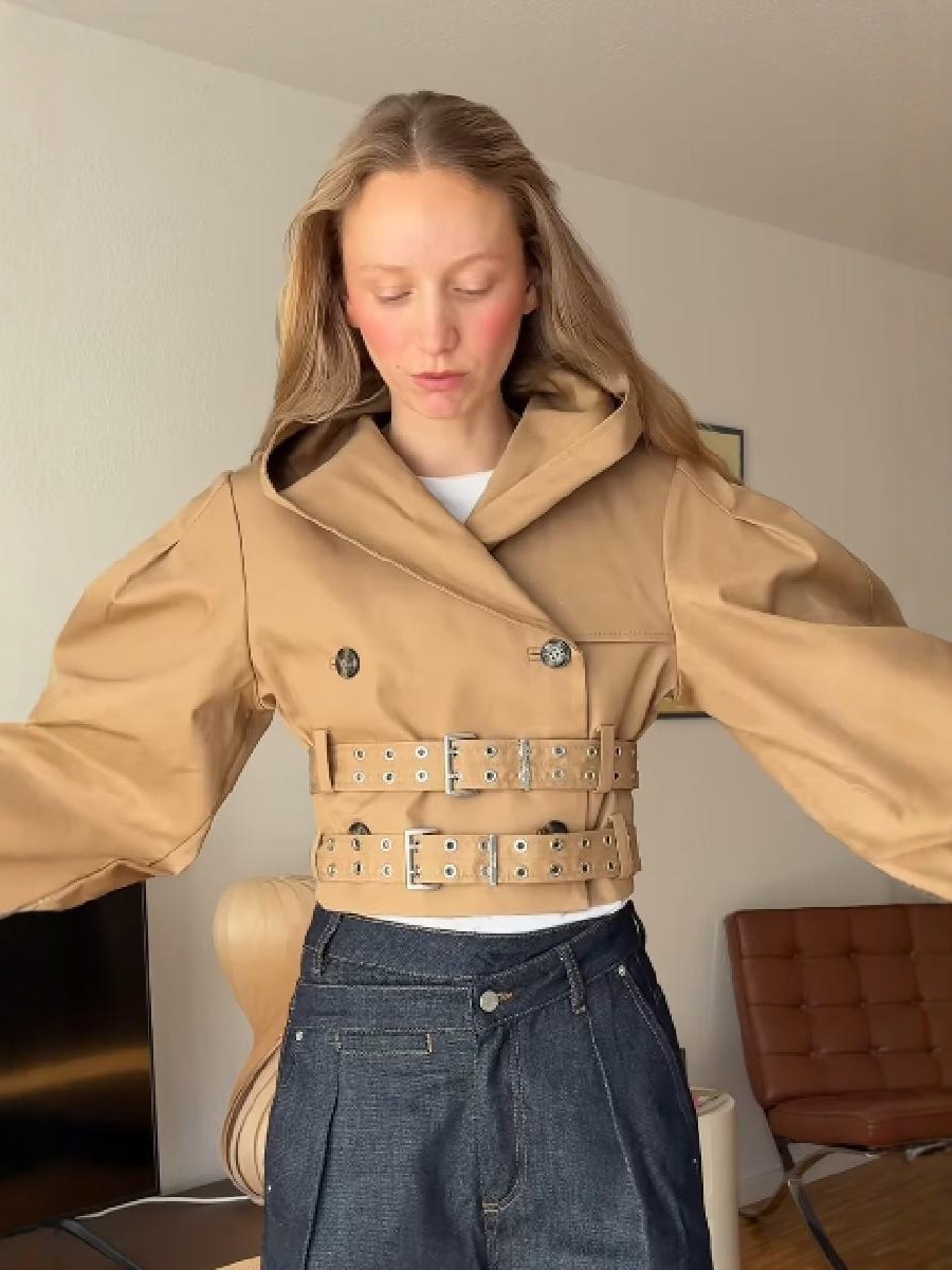 Picture of Cross-border European and American fashion versatile style 2025 new mid-length trench coat women's hooded double belt short jacket to look slimmer
