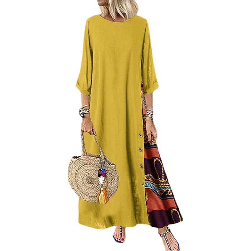 Amazon European and American Autumn Retro Floral Round Neck Contrasting Button Stitching Three-Quarter Sleeve Dress Extra Large Size