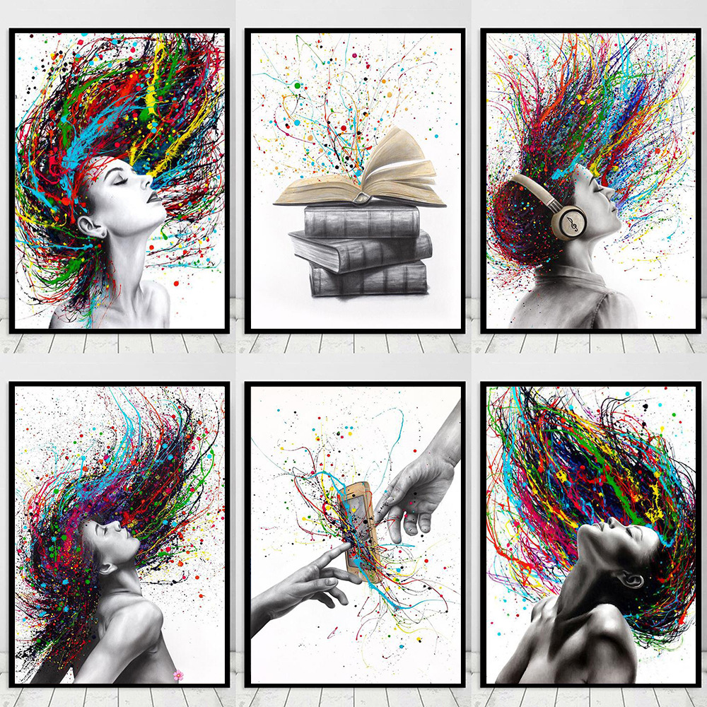 Graffiti Girl Listening to Music Color Hair Woman Canvas Painting Mural Poster Wall Art Living Room Modern Decorative Painting
