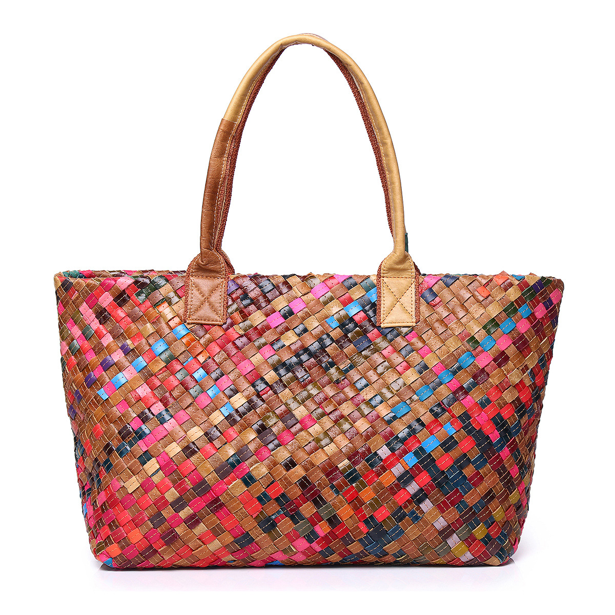 Picture of Cross-border Genuine Leather Color Stripe Woven Bag Fashion Design Trendy Bag Cowhide Shoulder Crossbody Tote Bag Women's Bag