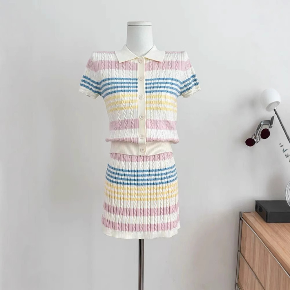 Contrast Polo Neck Knitted Short-sleeved Skirt Women's 2025 Summer New Design Sense Tight Waist Slimming Two-piece Suit