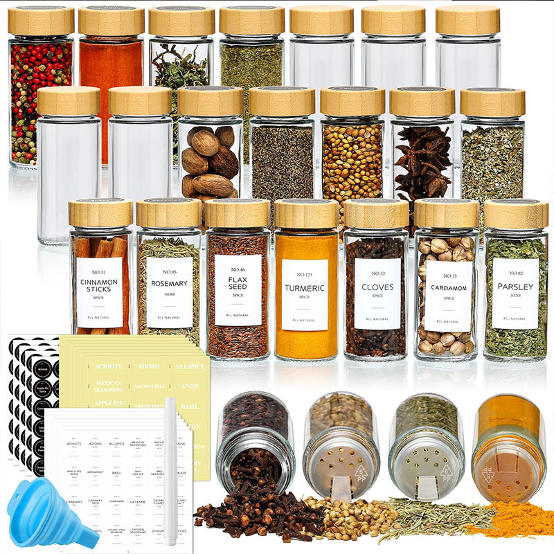 Amazon round glass jar seasoning bottle set 90ml spice bottle 12 piece set bamboo cap cumin seasoning jar wholesale