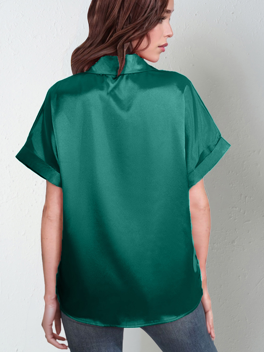 Picture of 2025 European and American Amazon Cross-Border Satin Shirt Short-Sleeved Satin Button Shirt Casual Loose Top for Women in Stock