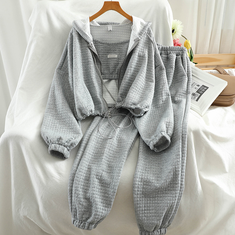 Picture of Large Size Sports Style Casual Suit Women's Spring and Autumn Sling Hooded Sweatshirt Jacket Long Pants Large Size Three-piece Suit