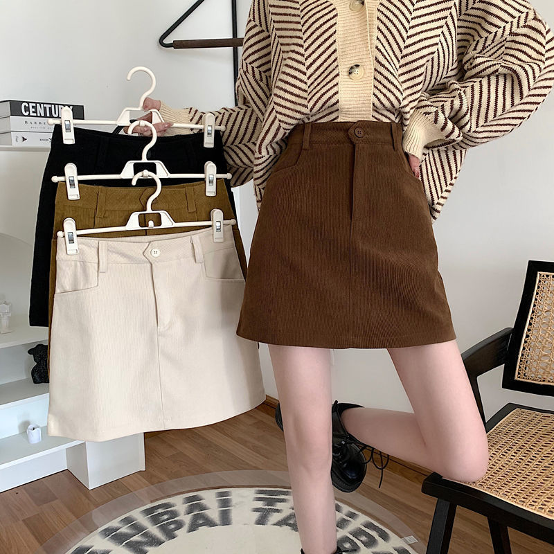 Short Skirt Autumn and Winter Corduroy Skirt Women's New Design Sense Niche High Waist Black A- line Hip Skirt Ins