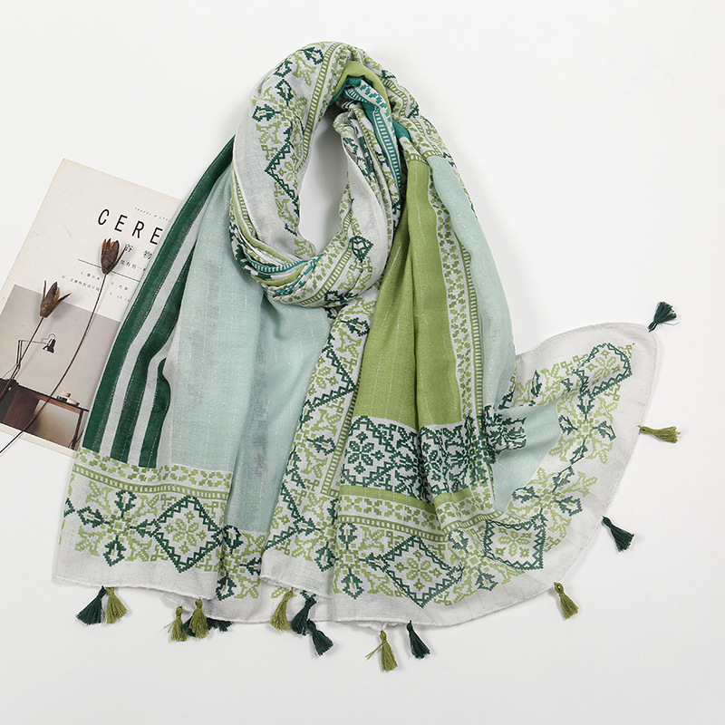 Picture of New Artistic Fresh Cotton and Linen Retro Tassel Scarf Women's Printed Beautiful Silk Scarf Japanese Sunscreen Shawl