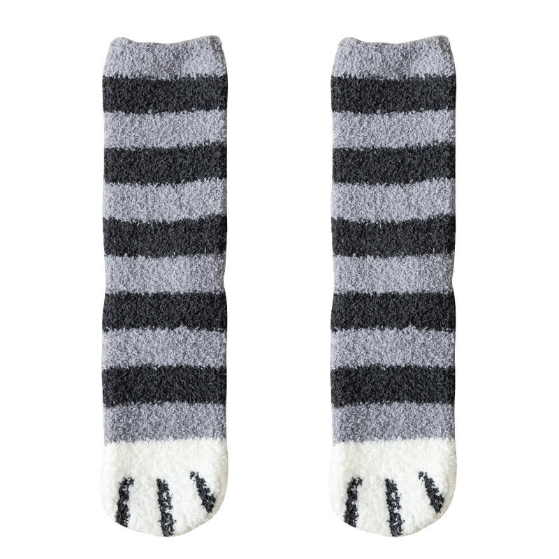 Picture of 20 Autumn and Winter Women's Japanese Style Middle Cylinder Separate Packaging Thickened Cartoon Sleep Socks Coral Fleece Cat Claw Home Floor Socks