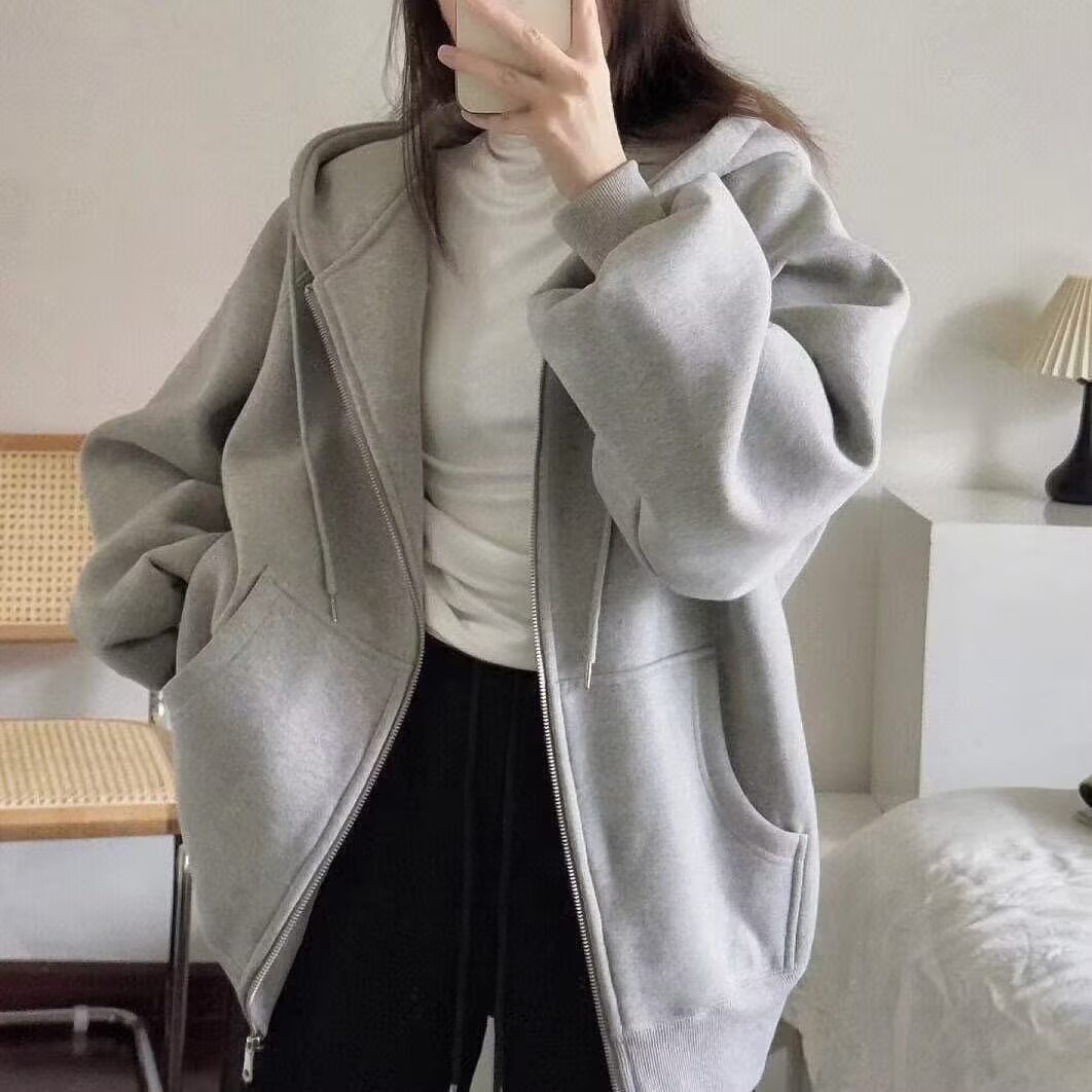 Korean Style Solid Color Hooded Sweater Cardigan Women's oversize Loose Autumn and Winter fleece-lined Thickened Zipper Jacket Cardigan