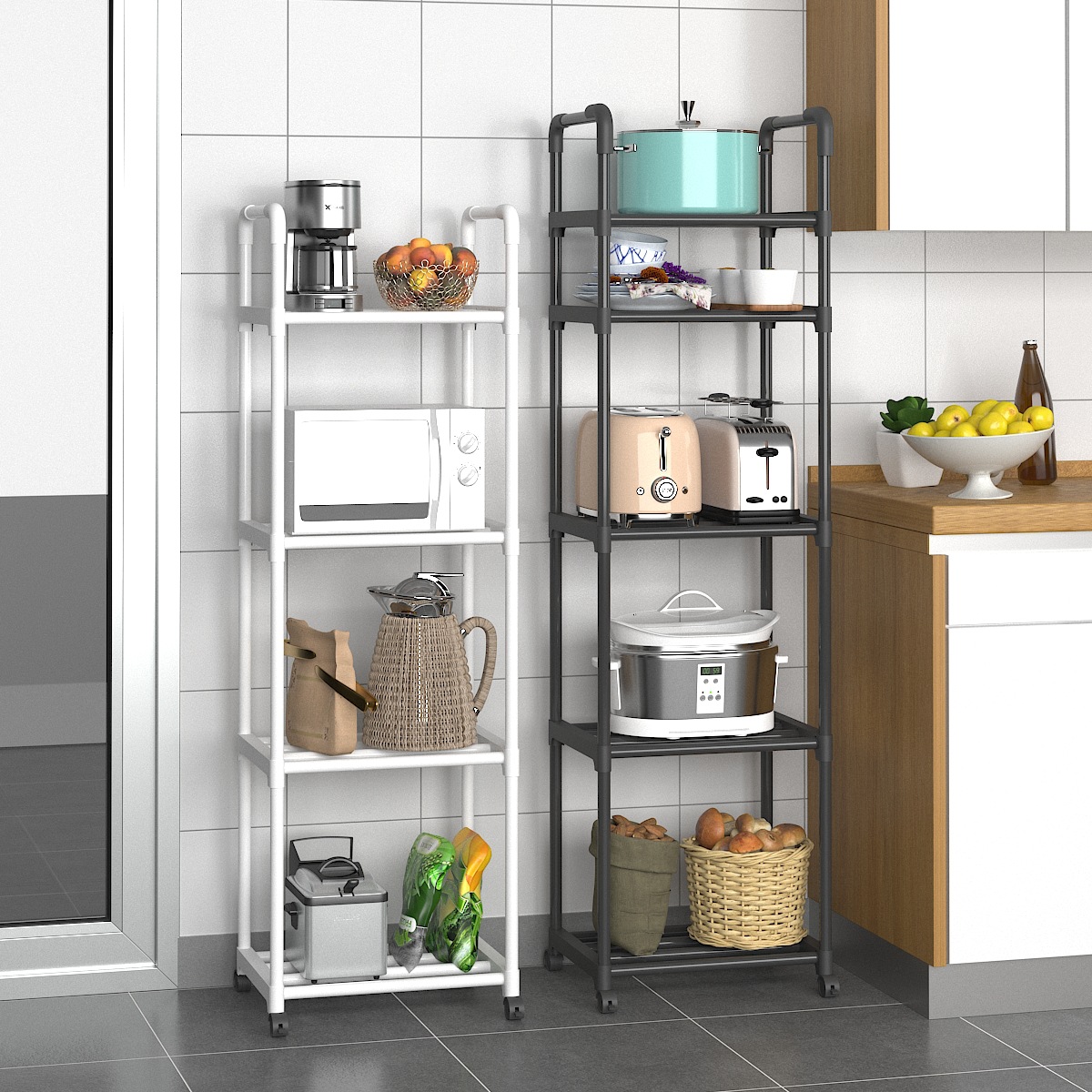 Multi-layer storage rack, household assembly-reinforced microwave storage rack, with wheels, movable minimalist storage rack