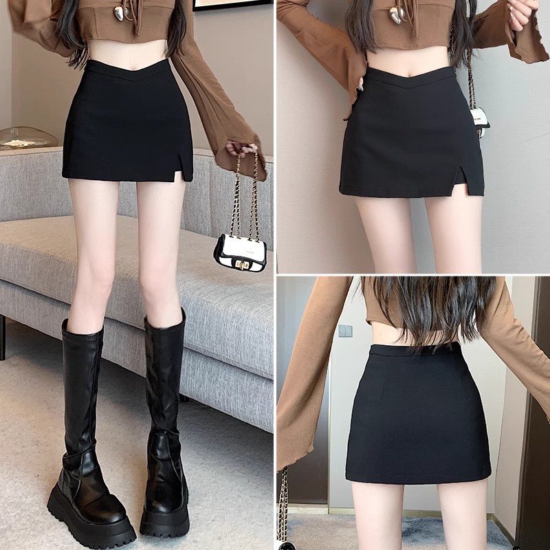 A-Line Skirt Hot Girl Black 2024 High-Waisted Slim Short Skirt Spring and Summer Hip-Hugging New Slit Suit Skirt Elastic