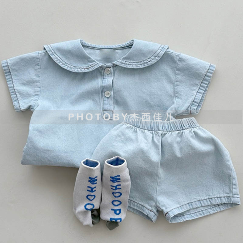 Picture of Korean Style Ins Boys and Girls Summer New Two-Piece Children's Western Style College Lar Loose Casual Denim suit