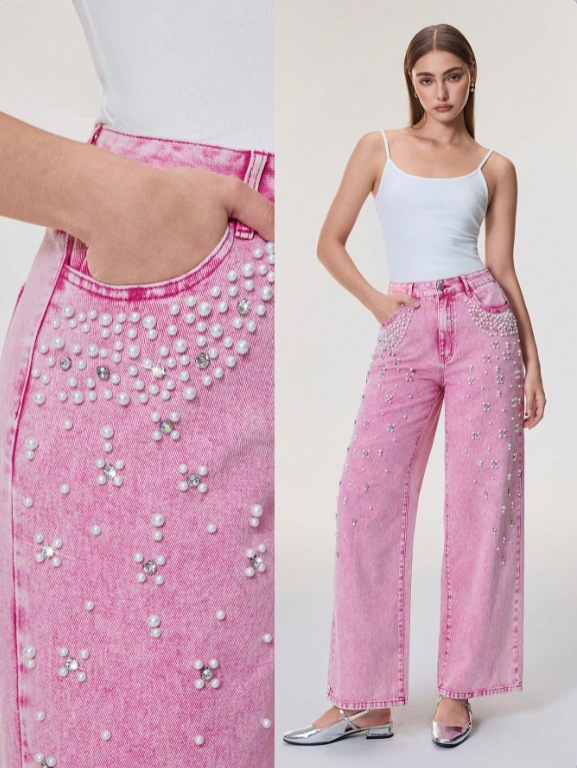 European and American Independent Station Amazon Foreign Trade Cross-Border Washed Denim Beaded Women's Trousers
