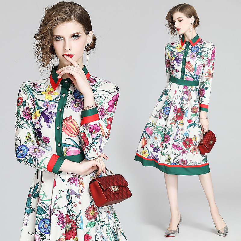 Foreign trade explosions large size women's clothing spot European and American fashion Joker waist positioning printed dress