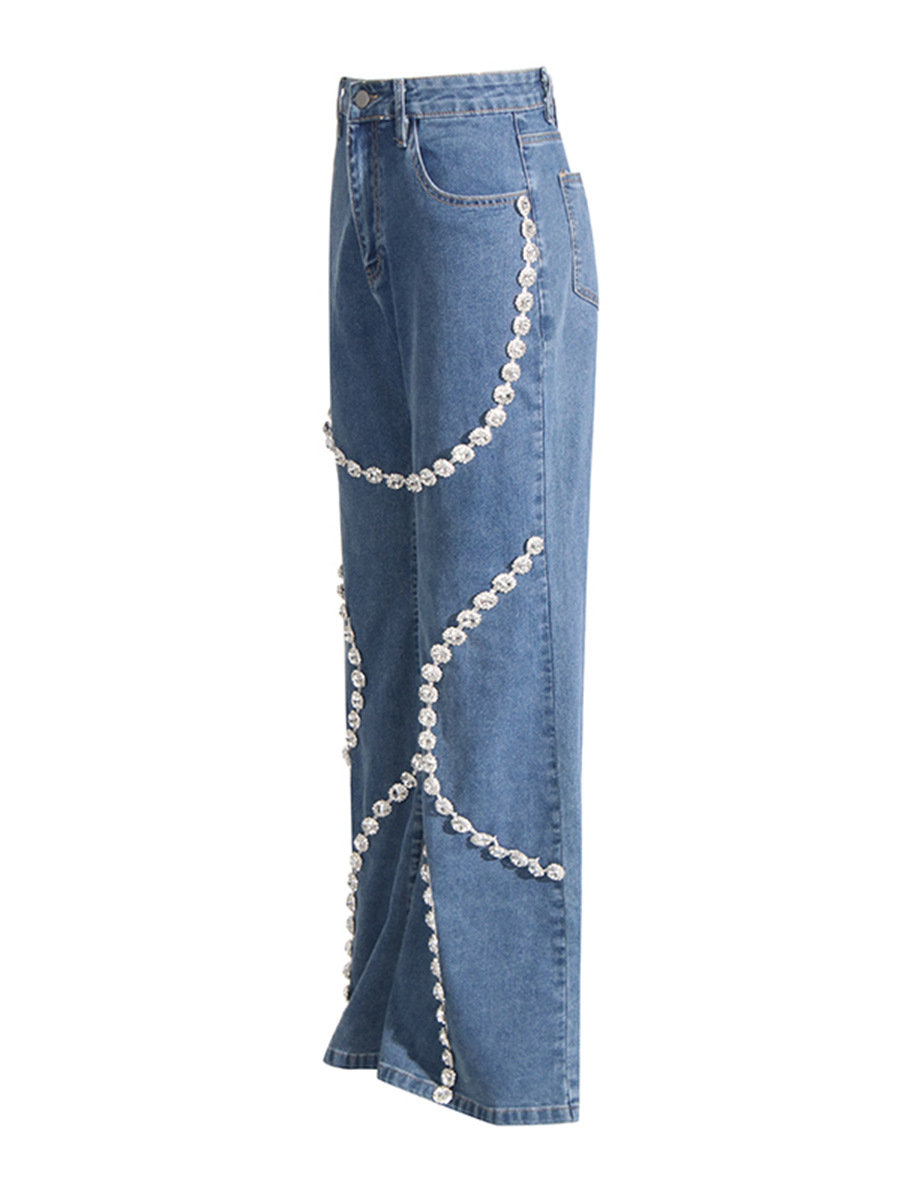 Picture of Fashionable Personalized Jeans for Women 2025 Summer New Trendyy Ring Rhinestone Splicing Design Straight Pants