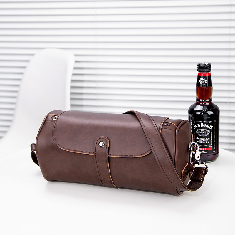 Picture of New Korean Style Fashion Small Leather Bag Retro Crazy Horse Leather Men's Shoulder Crossbody Bag Trendy Cylindrical Bag Ready for Sale