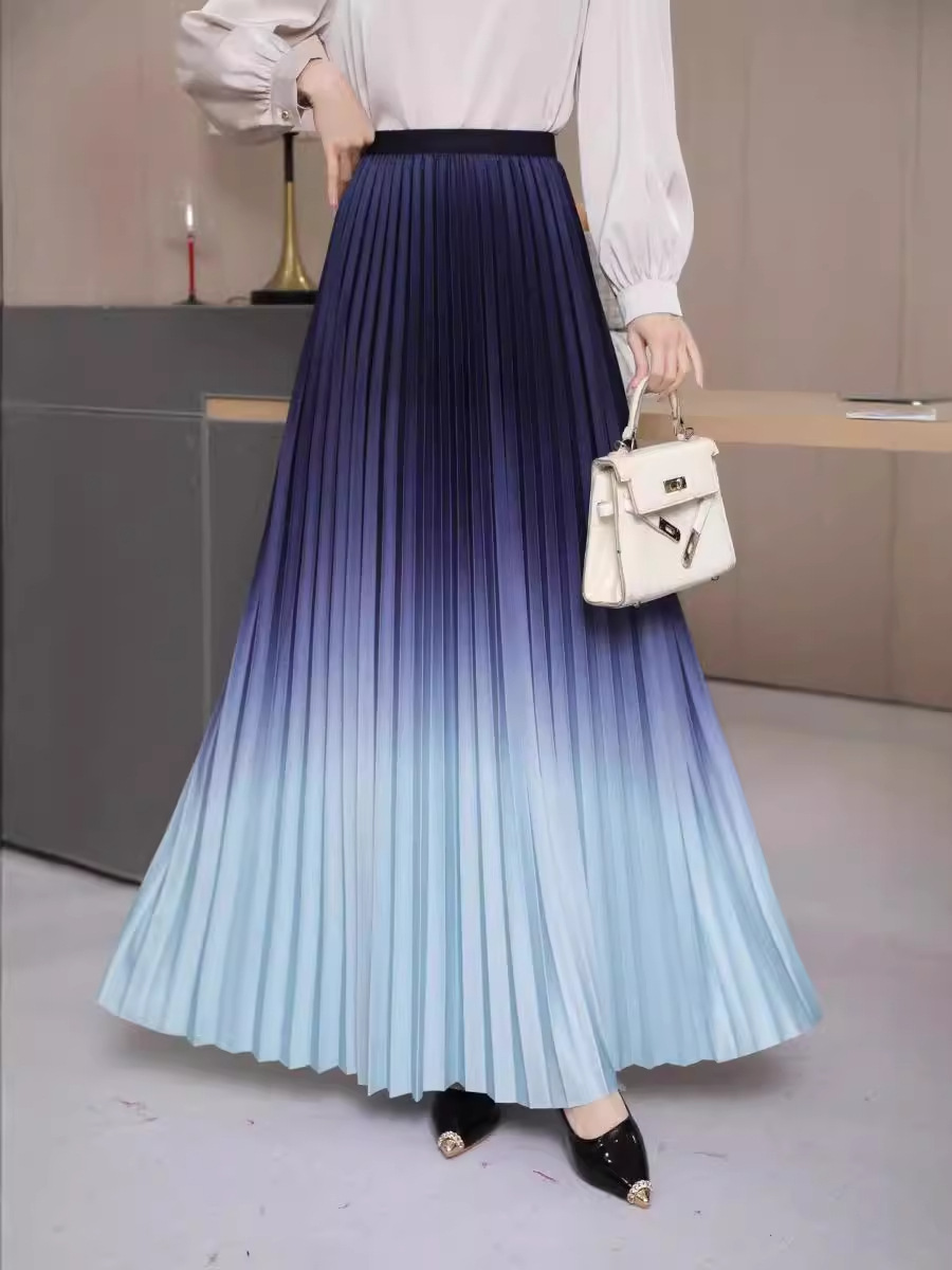 2024 New European and American Foreign Trade High-end Women's Gradient Skirt Women's Long Skirt High Waist Lenched Pleated Skirt