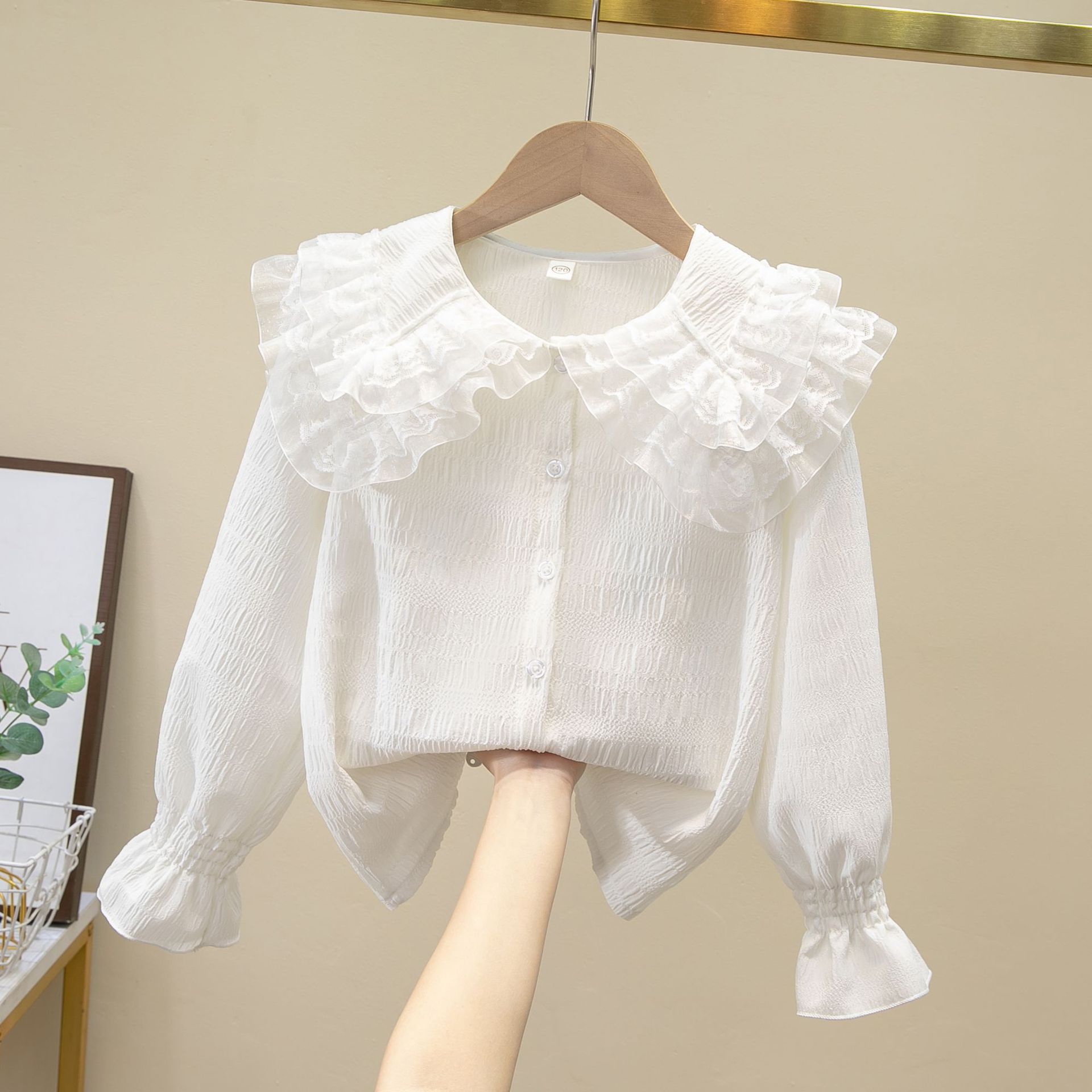 Picture of Girls Thin Shirt 2025 Spring and Summer New Children's Clothing Girls Summer Chiffon Shirt White Doll Collar Top
