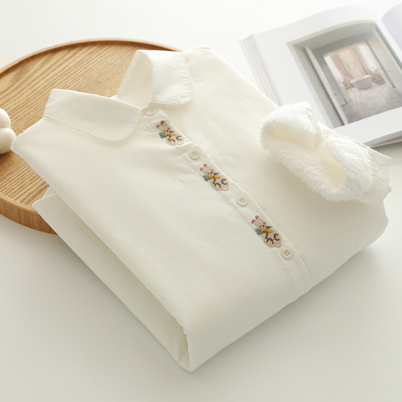 5932 Fall/Winter fleece-lined Shirt Warm Loose Joker Artistic Embroidered Xiao Mao Thickened White Inner Shirt