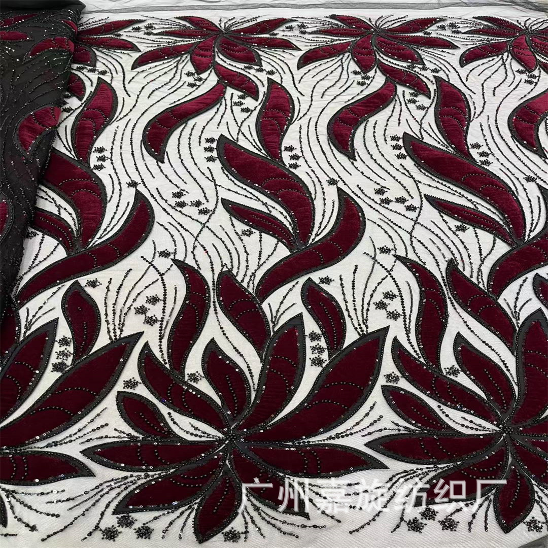 African new star padded seagrass flower flocked embroidered cloth dress performance dress wedding dress mesh lace fabric
