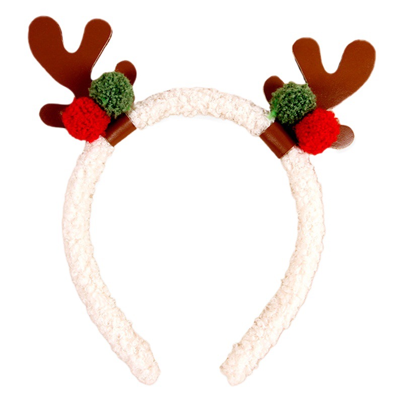 Cross-border Christmas Headwear Antler Headband Elk Color Fur Ball Cute Girly Heart Holiday Gift Leather Antler Hair Accessories