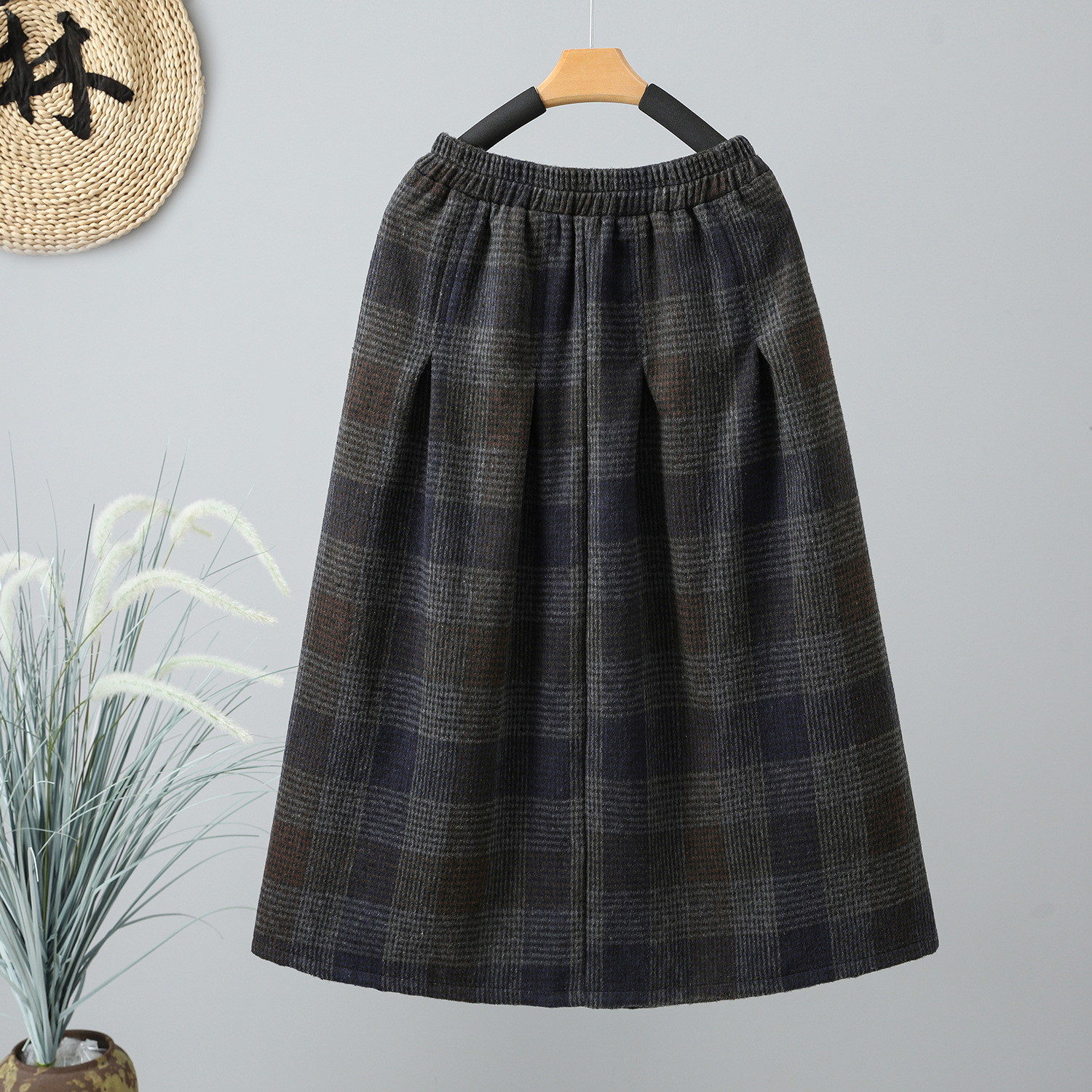 Retro Heavy Industry Yarn-Dyed Plaid Skirt Women's 2024 Autumn New Elastic Waist Warm Cotton Mid-Length Plaid Skirt