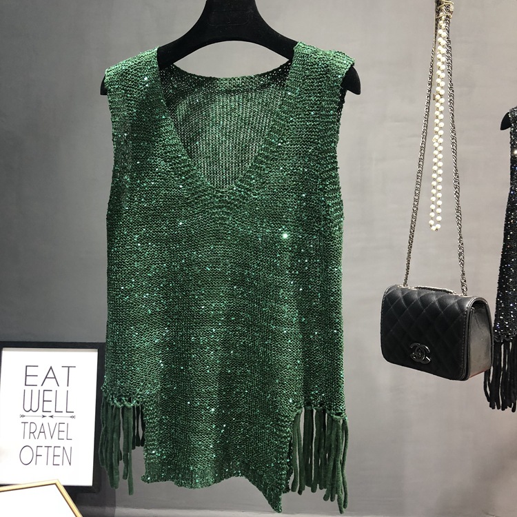 Picture of Spring and Autumn New All-match Hollow-out Knitted Sequin Vest Loose Sleeveless bingbing Internet Popular Ins Top