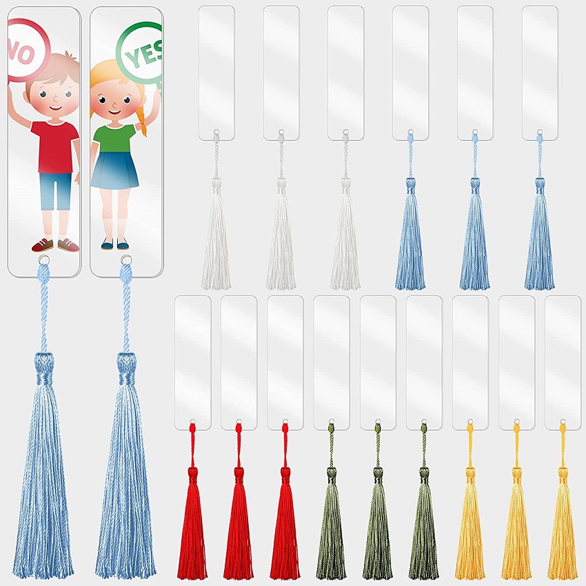 15PCs blank rectangular acrylic pendant creative diy bookmark tassel high transparent acrylic keychain
