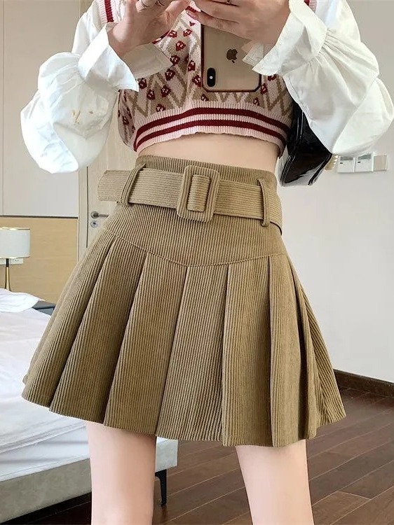Corduroy Pleated Skirt for Women 2024 Spring and Autum New High-Waist Slim Preppy Style Charm Skirt A-Line Short Skirt