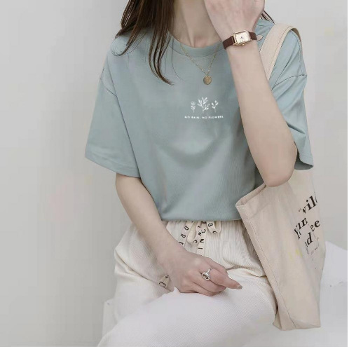 Picture of Short-sleeved Korean-style Round Neck T-shirt Women's Summer Loose Plant-printed Casual Solid Color Hot Student's Half-sleeved Top