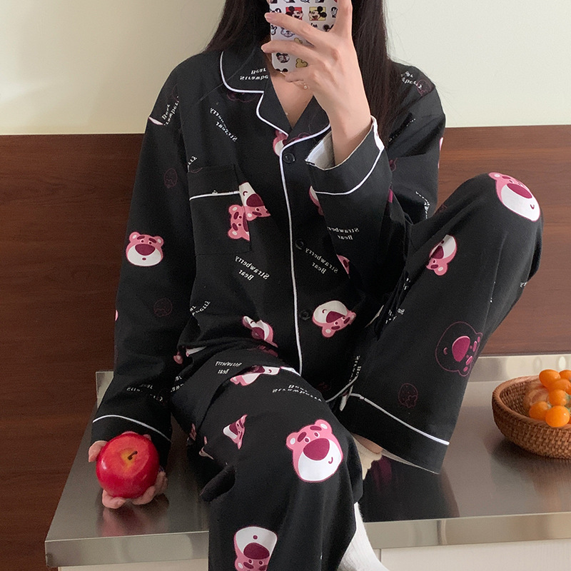 Picture of New Ins Pajamas for Women Simple Stripesd Internet Celebrity Long-Sleeved Cardigan Girl Korean Version Thin Home Wear Set Wholesale