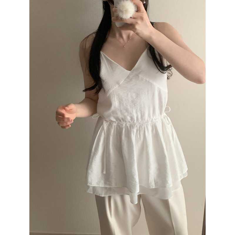 South Korea early spring double-layer drawstring waist sling dress