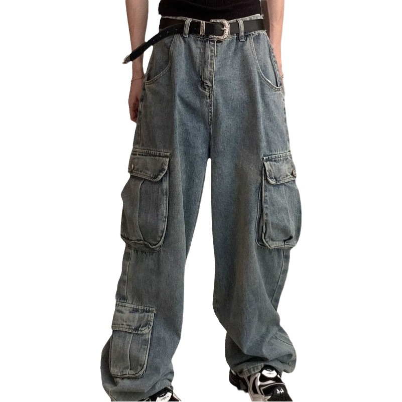 plus size Women's chubby girl Tooling Jeans Loose Casual Straight Pocket Wide Leg Retro American Style Bottom Jeans