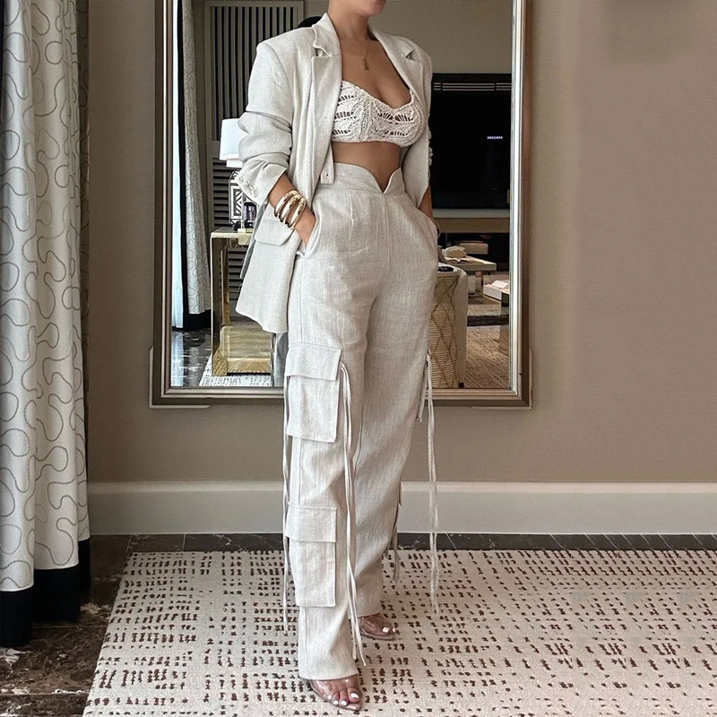 2024 European and American Cross-Class Fashion Two-Piece apricot Multi-Pocket Suit Pants Loose Strap Pants