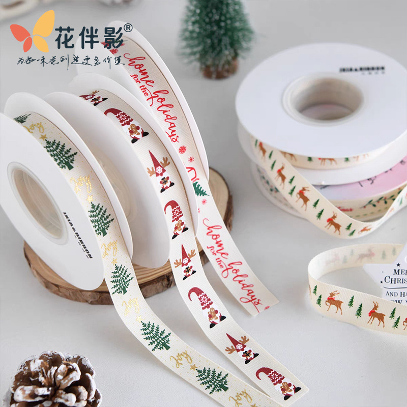 Flower Companion Shadow Christmas Polyester Cotton Belt New Christmas Tree Elk Ribbon Holiday Decoration DIY Handmade Bow Ribbon
