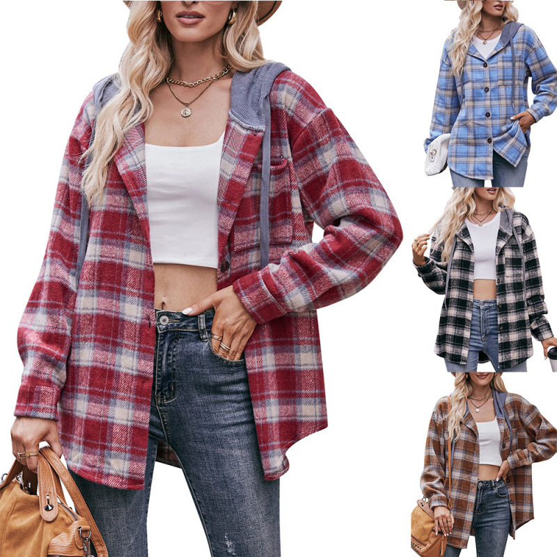 Cross-Border European and American Export Women's Clothing 2024 Autumn and Winter New Amazon Plaid Jacket Hooded Casual Shirt