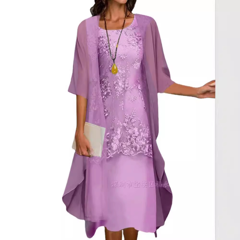 Picture of European and American Hot-Selling Independent Site Amazon Wish Hot Spring & Fall Fashionable and Elegant Lace Chiffon Dress Two-Piece Set