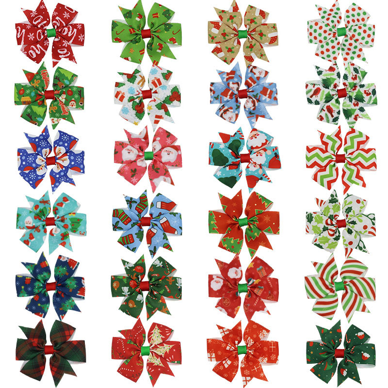 European and American Christmas children's headdress flower hair accessories printed bow hairpin cute girl holiday party hairpin decorations