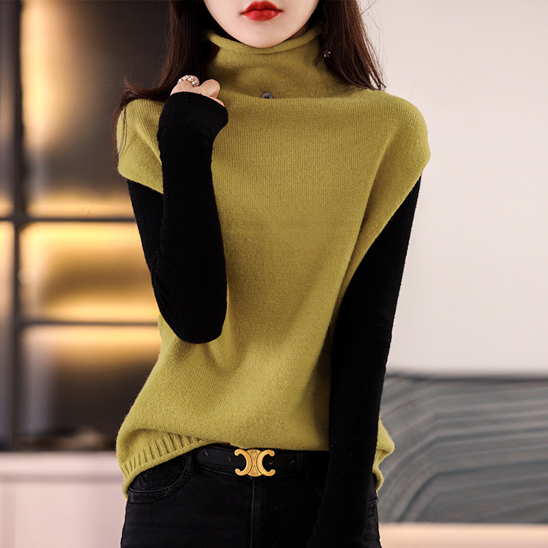 Real Shot Vest Women's Autumn and Winter New Sleeveless Top High Collar Button Loose Slimming Wool Knitted Waistcoat
