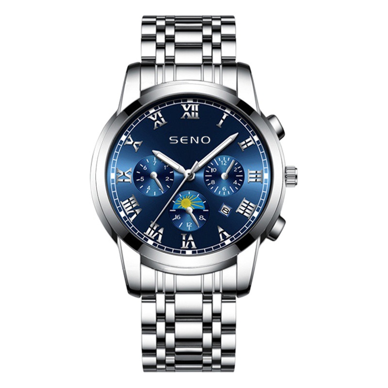 Seno Casual Sun, Moon and Stars Watch Men's Quartz Watch Waterproof Calendar Luminous Stainless Steel Watch Dropshipping