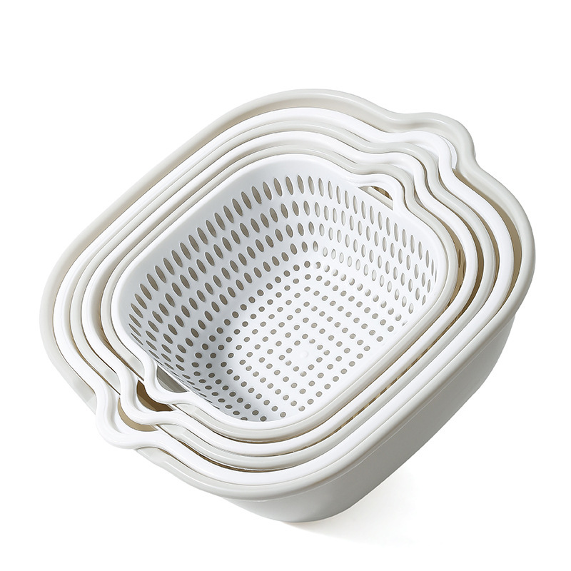 Picture of Double-layer Draining Basket Vegetable Washing Basin Fruit Plate Living Room Household Six-piece Kitchen Washing Fruit Basket Amoy Vegetable Basket