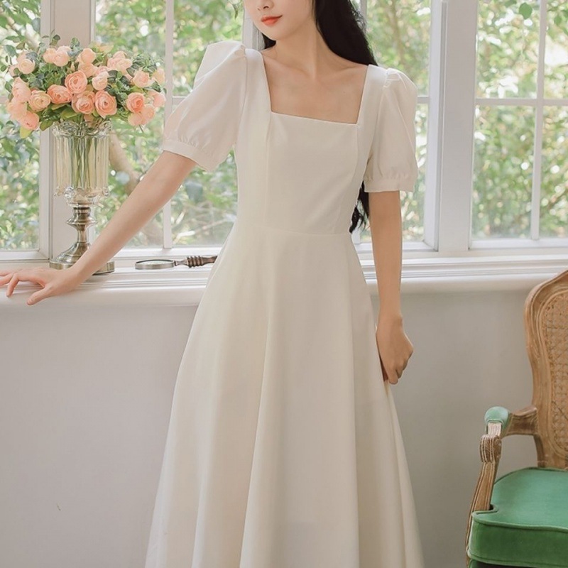 Square Neck Waist Dress Women's Summer 2024 New French Slimming Look White Skirt Certificate Small White Skirt Long Skirt