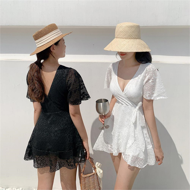 Source Factory 2023 New Swimwear Korean ins Style Fairy Fan Slim Belly Covering Conservative Super Fairy Student Dress