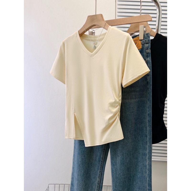 Picture of Niche Design Sense Solid Color Split Hem Short-sleeved T-shirt Women's Summer Outer Wear Slim-fit Base Shirt Short-sleeved Top
